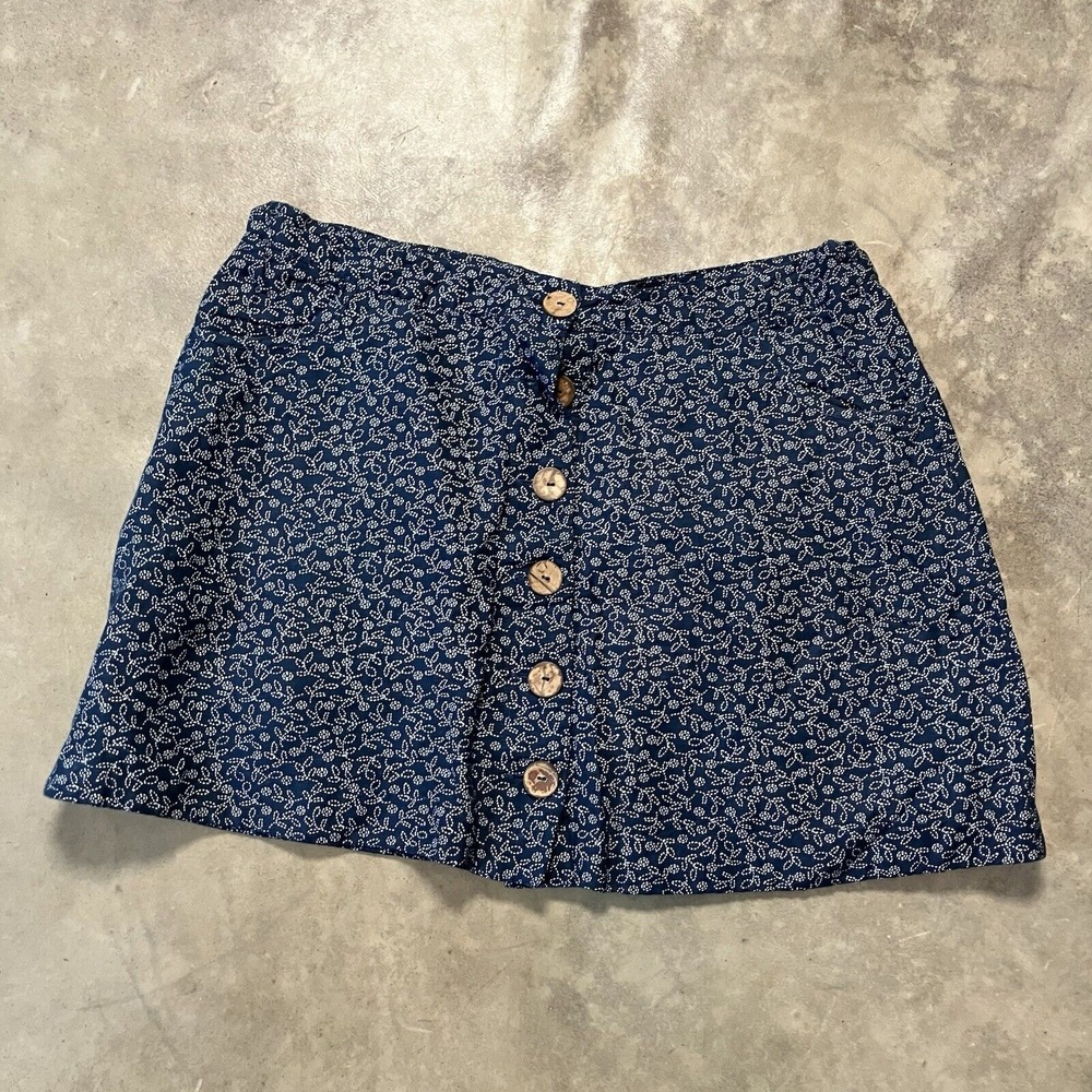 Fat Face Skirt Womens Sz 12 Floral Linen Blend Blue Button Front Lined Pockets